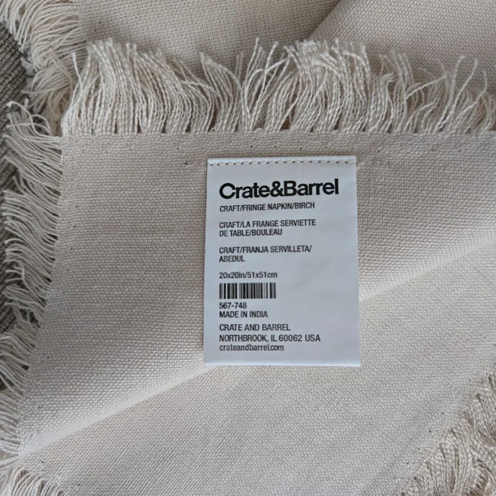 NEW Crate&Barrel Craft Birch Beige Organic Cotton Fringe Napkin, Set of 4